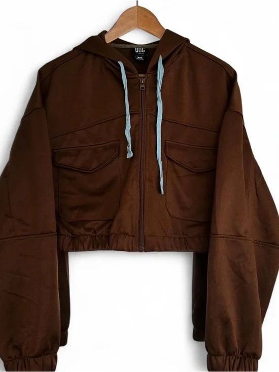 Urban Outfitters Brown Cropped Hooded Jacket with Light Blue Drawstrings - Picture 4 of 6